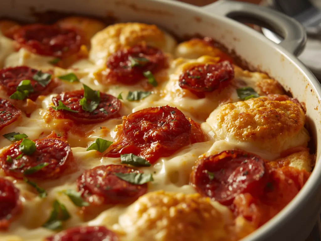 Sliced Bubble Up Biscuit Pizza Casserole on plate.