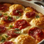 Sliced Bubble Up Biscuit Pizza Casserole on plate.