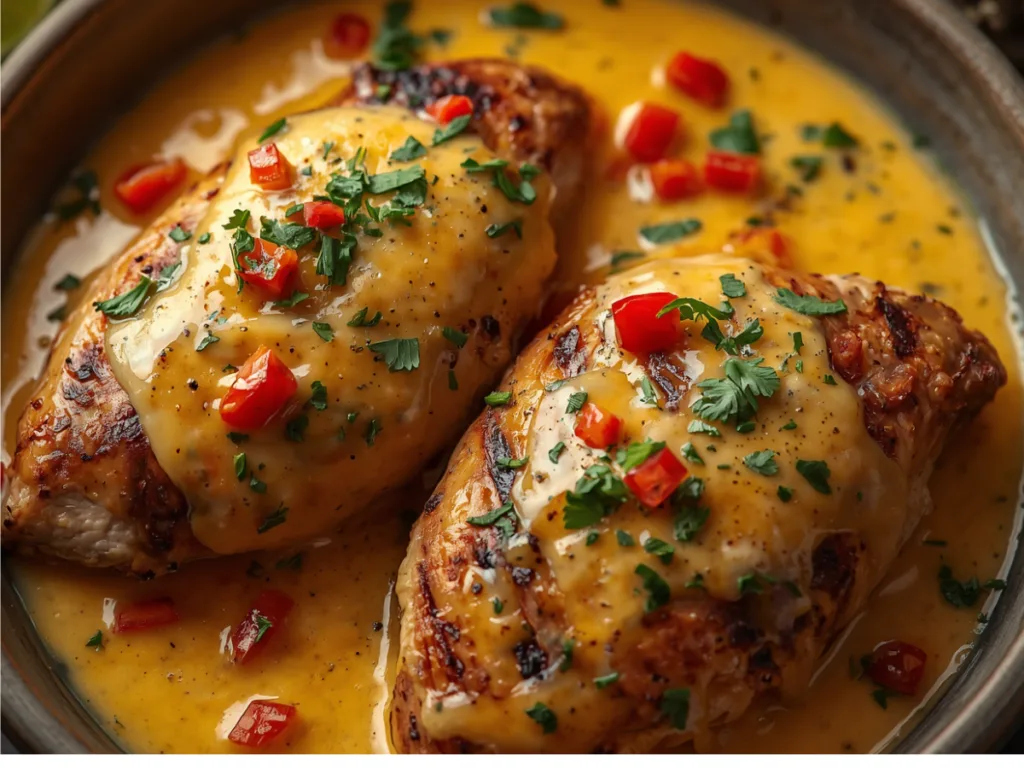 Chicken with cheese sauce topped with cracked black pepper and herbs.