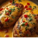 Chicken with cheese sauce topped with cracked black pepper and herbs.