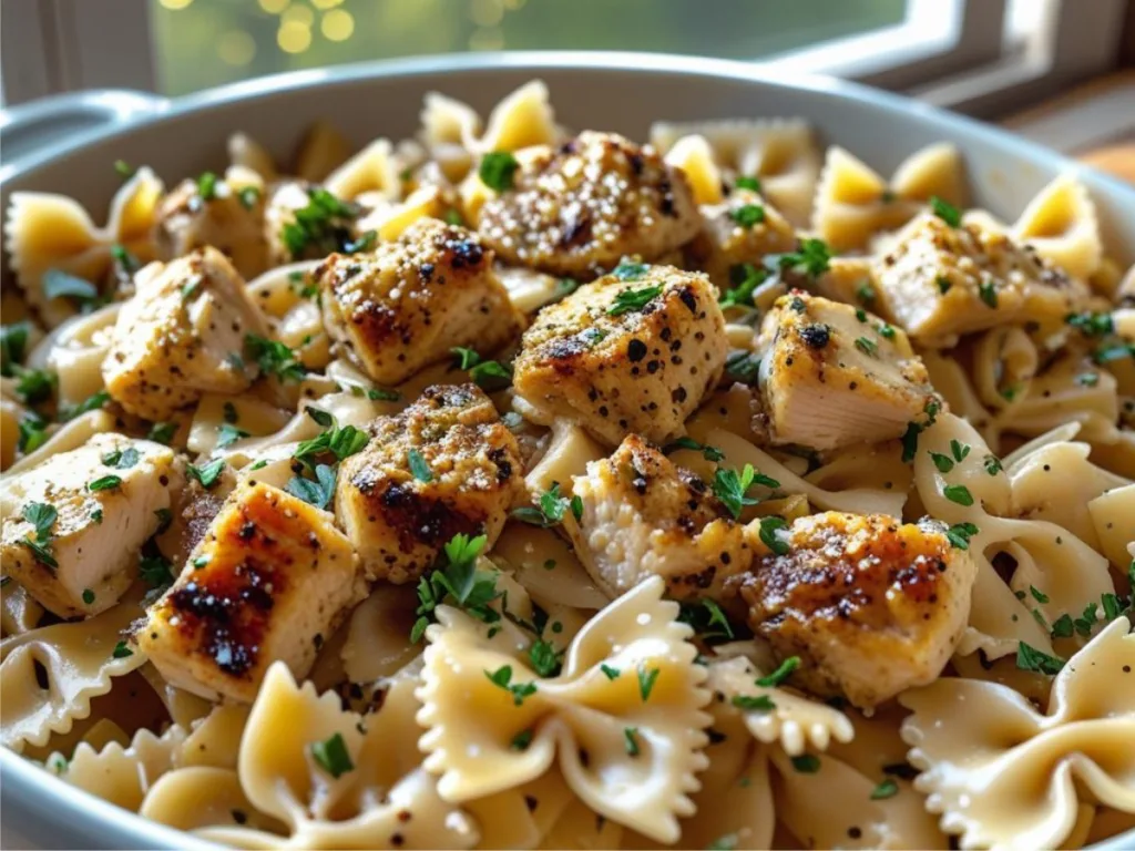 Garlic Butter Chicken Bowties with parsley