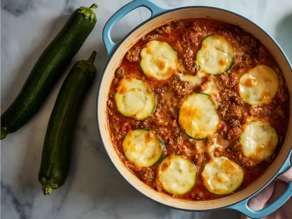 Gluten-Free Zucchini Hamburger Casserole in a white ceramic baking dish.