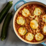 Gluten-Free Zucchini Hamburger Casserole in a white ceramic baking dish.