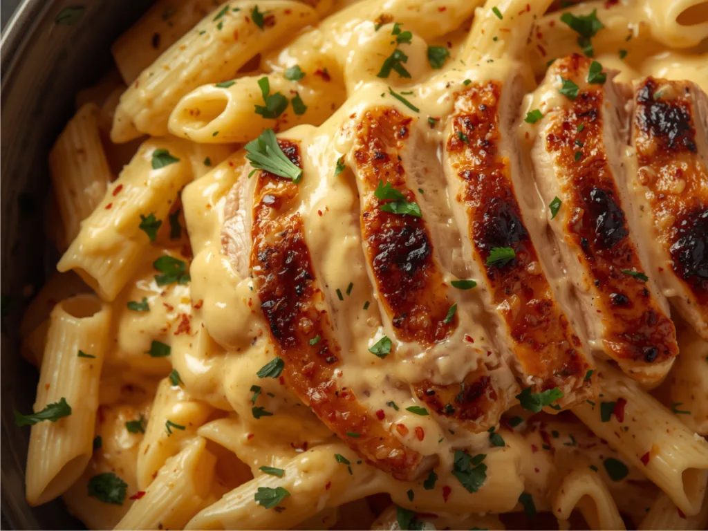 Stirring penne pasta into a simmering white cream sauce in a large pan.