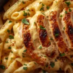 Stirring penne pasta into a simmering white cream sauce in a large pan.