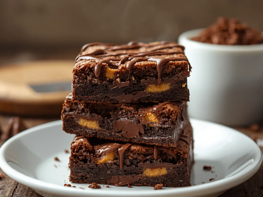 Sliced Kit Kat Brownies being drizzled with ganache.