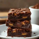 Sliced Kit Kat Brownies being drizzled with ganache.