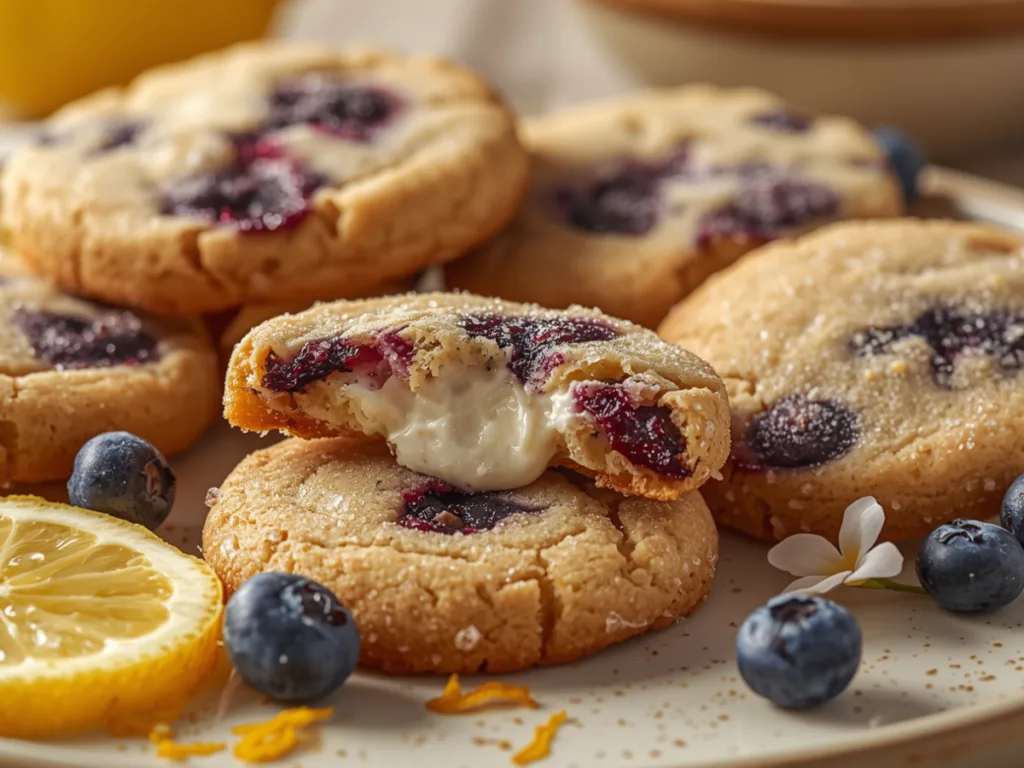 Fresh blueberries and lemons next to a tray of unbaked lemon blueberry cheesecake cookies.