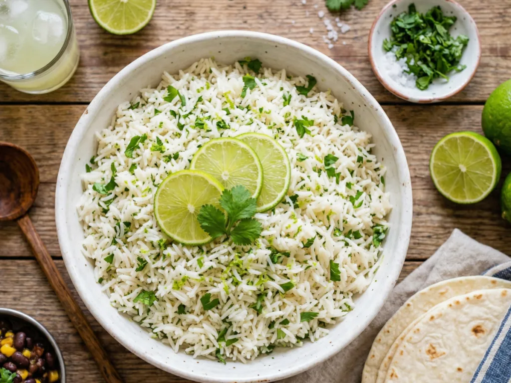 Cilantro Lime Rice garnished with lime