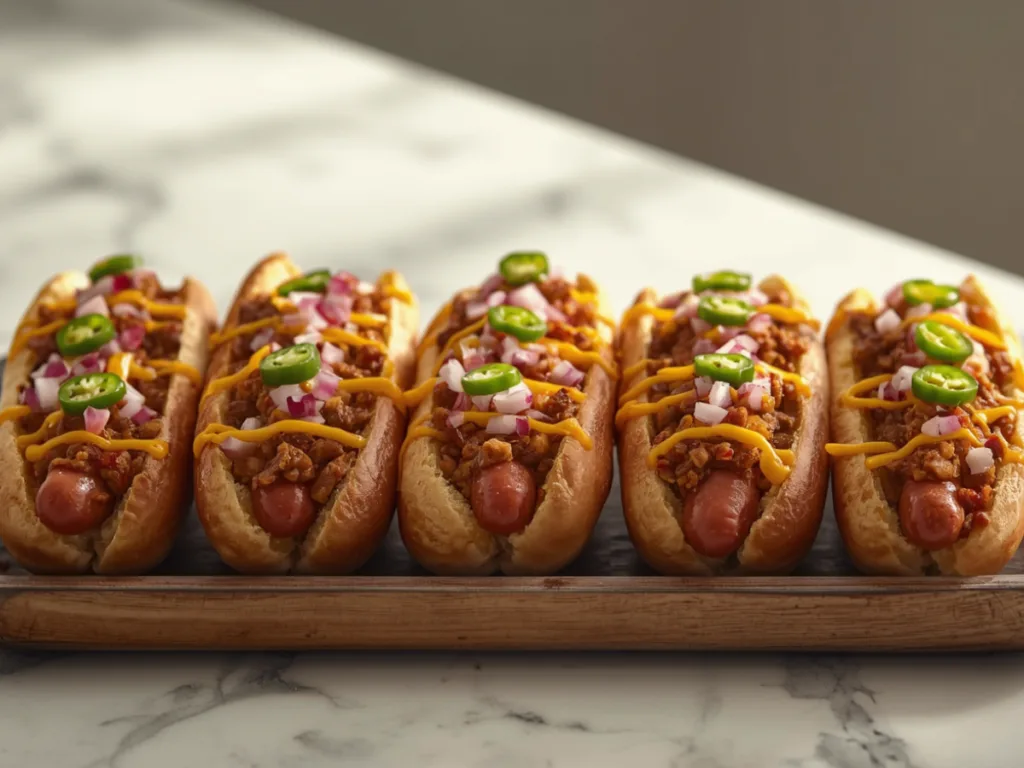 Fully loaded classic chili cheese dog casserole.