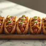 Fully loaded classic chili cheese dog casserole.