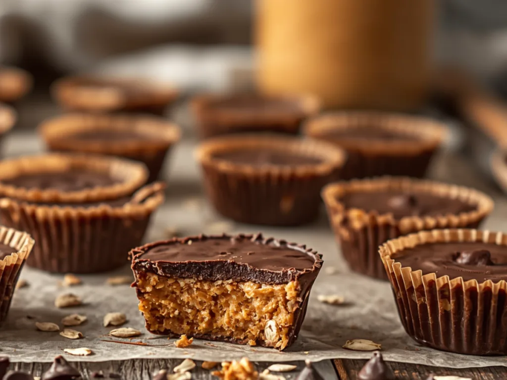 Hand holding a no bake peanut butter granola cup with a bite taken out.