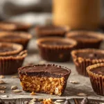 Hand holding a no bake peanut butter granola cup with a bite taken out.