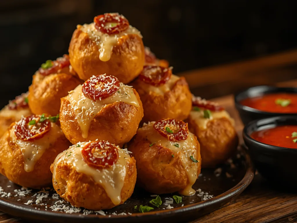 Pizza bombs on a baking sheet.