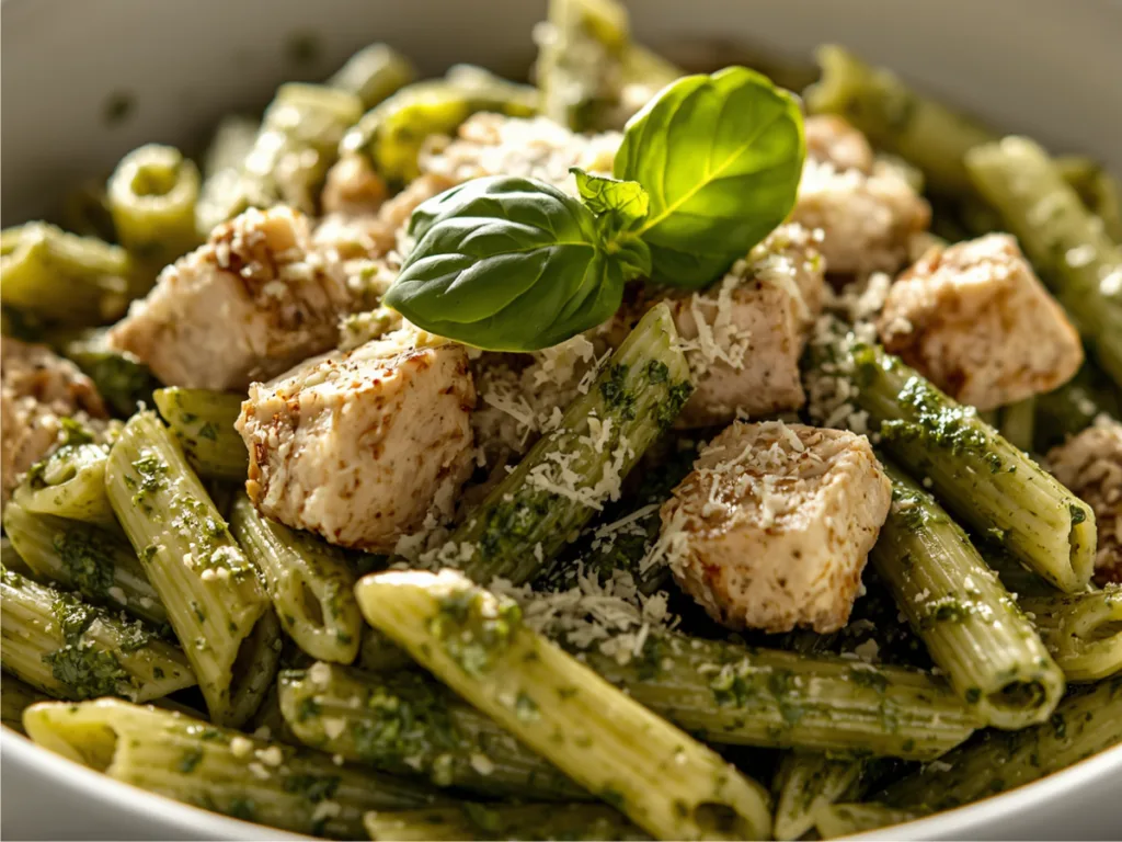 Tossing pasta, pesto, and chicken together with a splash of pasta water.