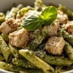 Tossing pasta, pesto, and chicken together with a splash of pasta water.