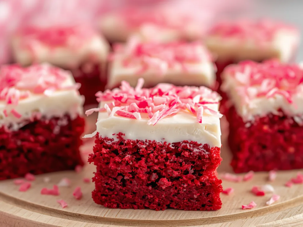 Close-up texture of pink coconut snowball cake bars.
