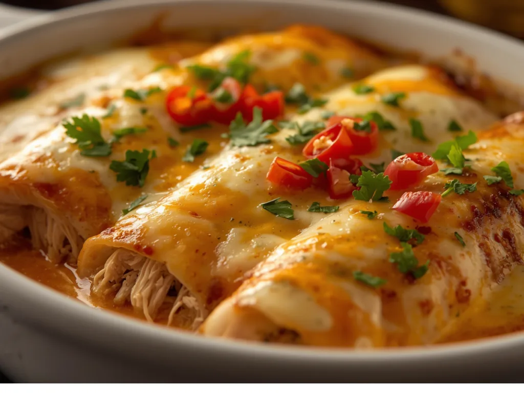 Rotisserie Chicken Enchiladas garnished with sour cream and cilantro.