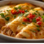 Rotisserie Chicken Enchiladas garnished with sour cream and cilantro.