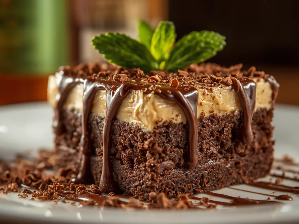Sliced Baileys Irish Cream Brownies with liqueur bottle