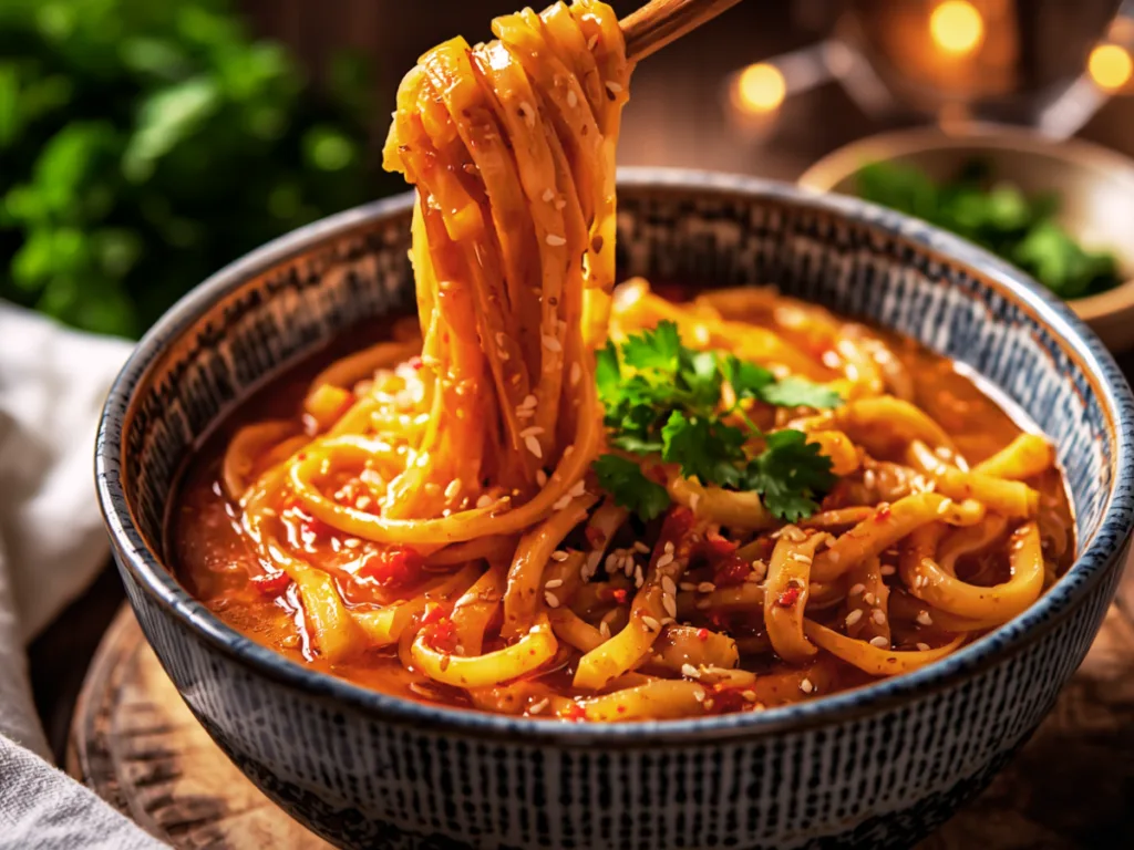 Preparation of the signature garlic chili oil sauce for noodles.