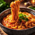 Preparation of the signature garlic chili oil sauce for noodles.