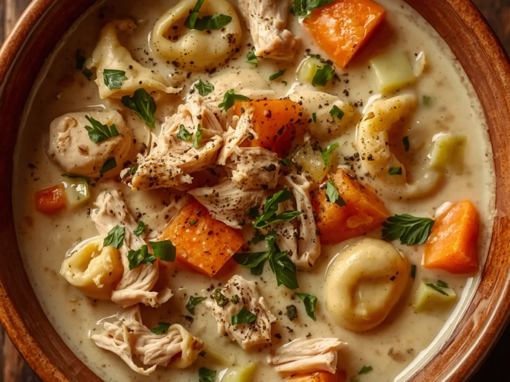 homemade creamy chicken tortellini soup:Close-up of a steaming hot bowl of homemade chicken and tortellini soup with a creamy base and fresh herb garnish.