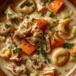 homemade creamy chicken tortellini soup:Close-up of a steaming hot bowl of homemade chicken and tortellini soup with a creamy base and fresh herb garnish.