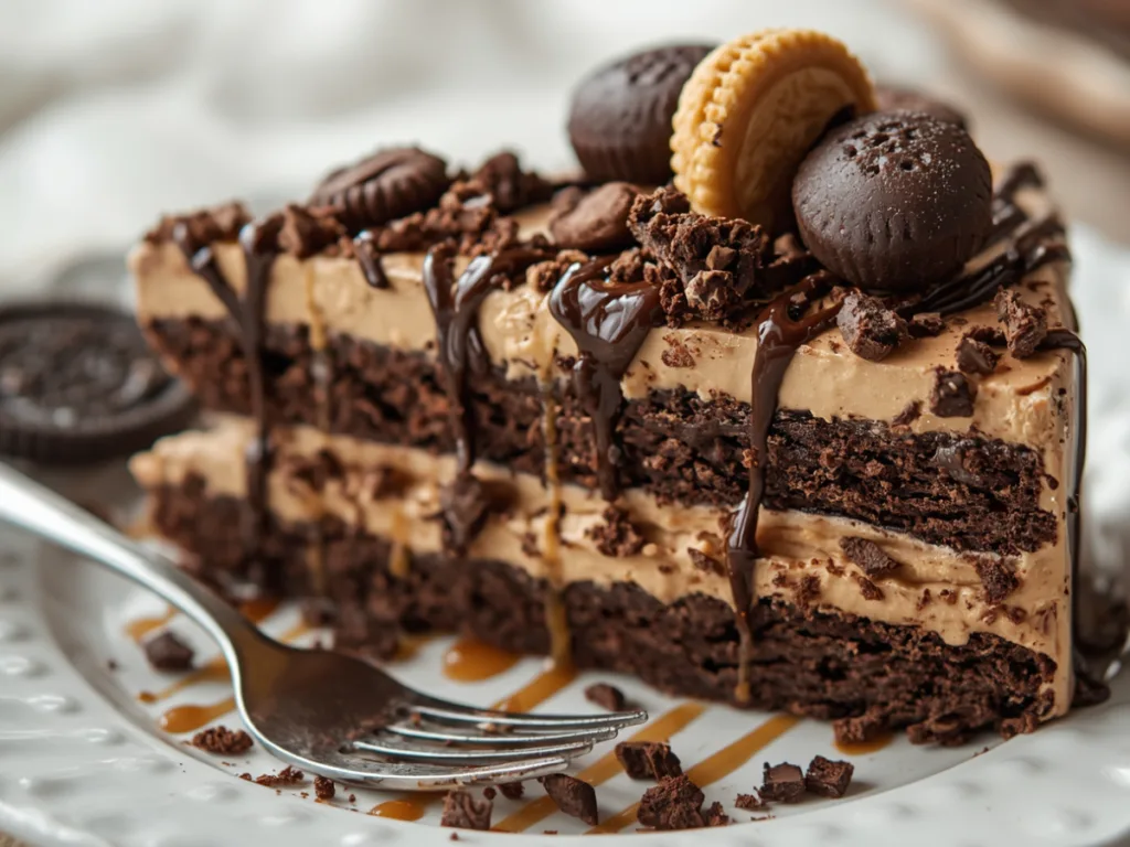 Someone taking a forkful of a creamy peanut butter icebox cake.