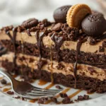 Someone taking a forkful of a creamy peanut butter icebox cake.