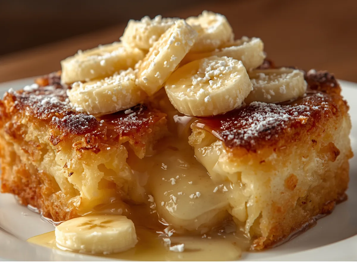 Warm Banana Cream Cheese Cobbler slice.