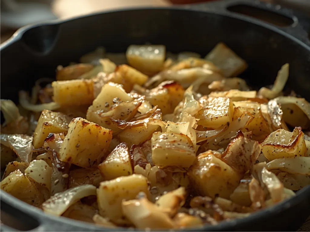 Fried cabbage and potatoes skillet