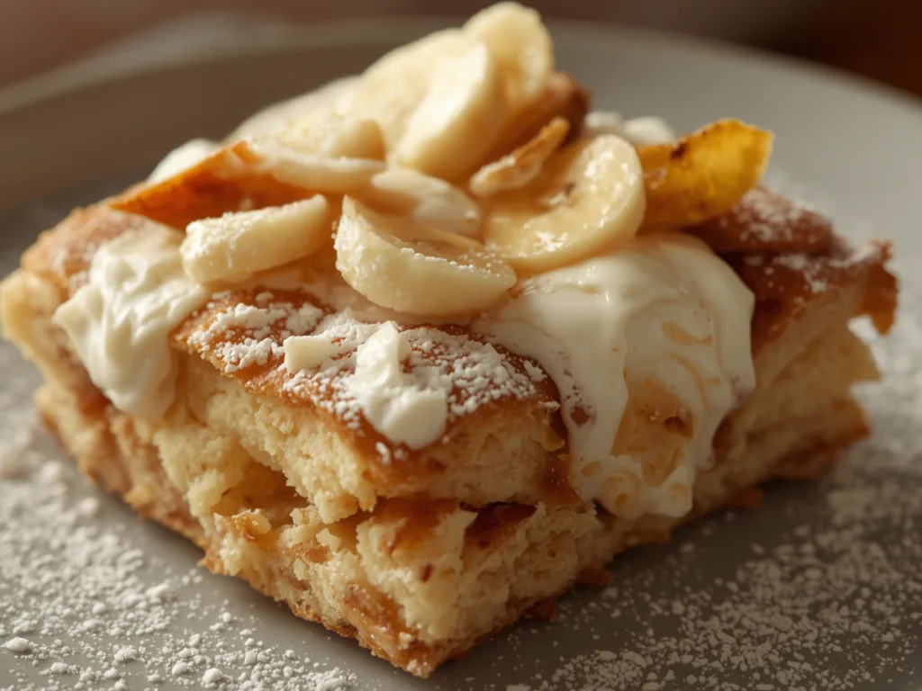 Creamy Banana Cream Cheese Cobbler dish.