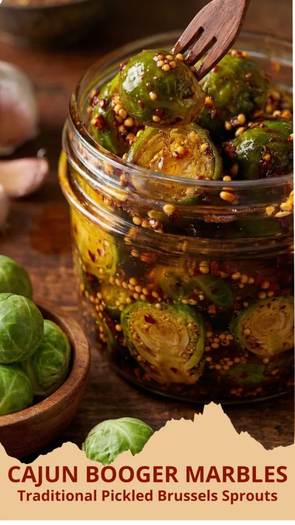 Pickled Brussels sprouts with red pepper flakes and garlic.