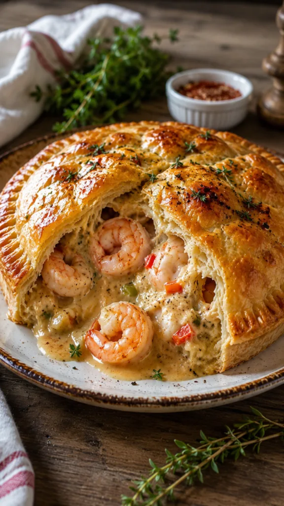 Close up of Creamy Cajun Seafood Pot Pie filling