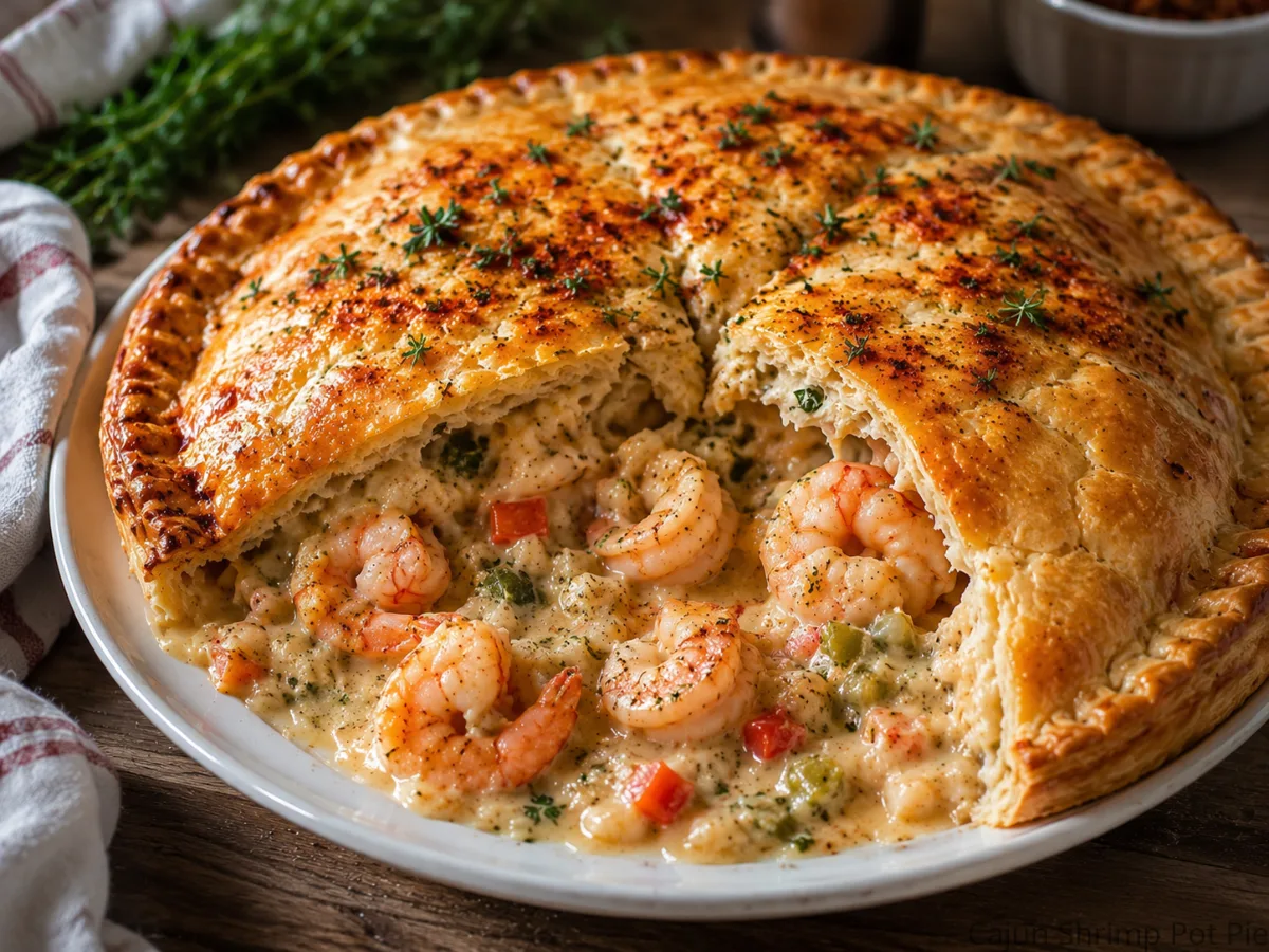 Creamy Cajun Seafood Pot Pie in a rustic baking dish