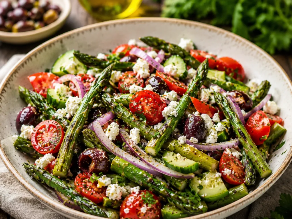 vibrant Charred Asparagus Greek Salad with feta and olives in a white bowl.