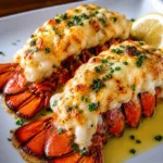 Close-up of cheesy garlic butter lobster tails,
