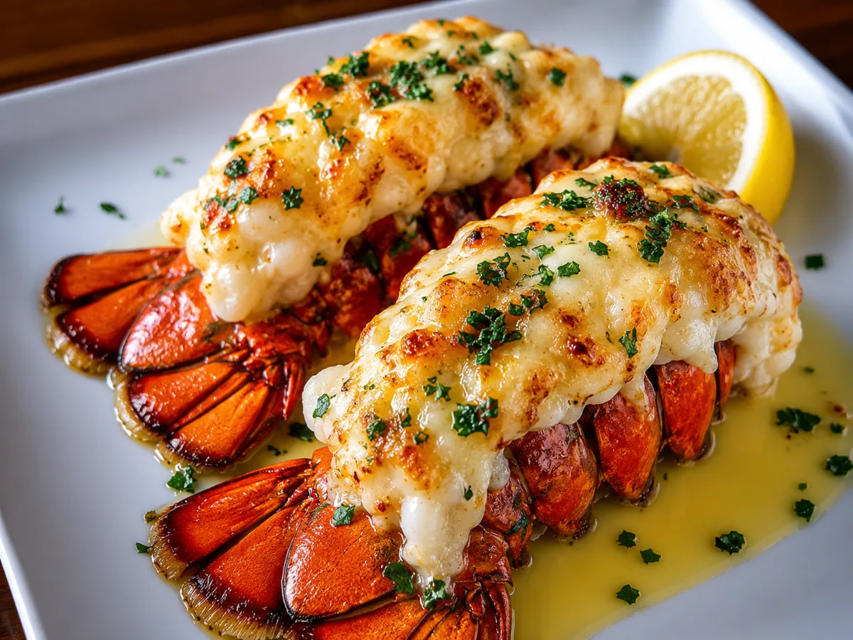 Close-up of cheesy garlic butter lobster tails,