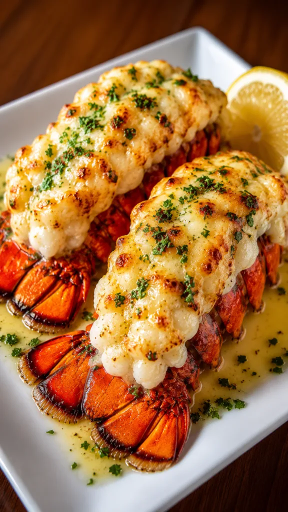 Cheesy garlic butter lobster tails served on a plate,