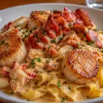Creamy Cajun Lobster & Scallop Pasta served in a shallow white bowl.