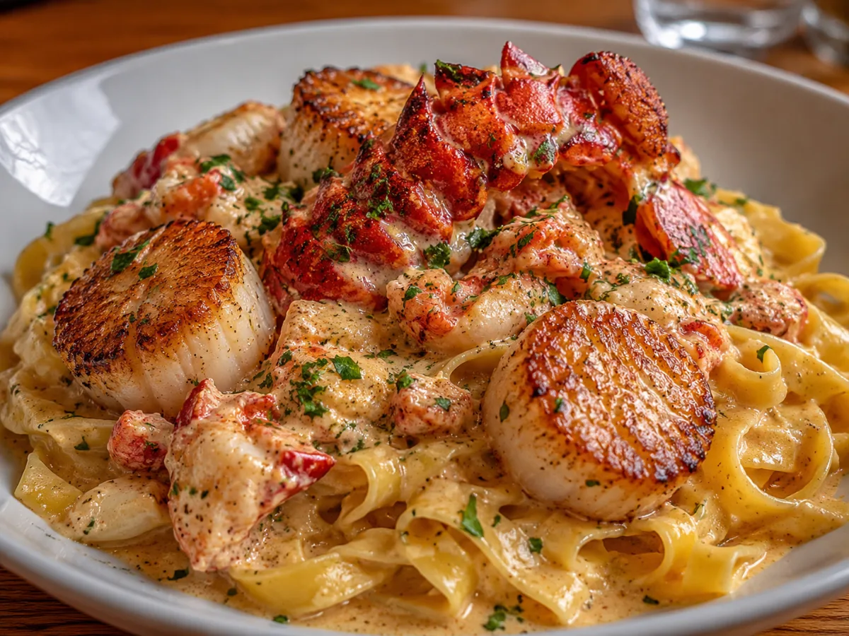 Creamy Cajun Lobster & Scallop Pasta served in a shallow white bowl.