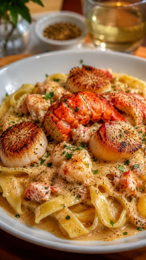 Close-up of lobster and scallops over fettuccine with creamy sauce.
