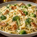 Homemade Creamy Chicken Broccoli Pasta in a white bowl with fresh parsley.
