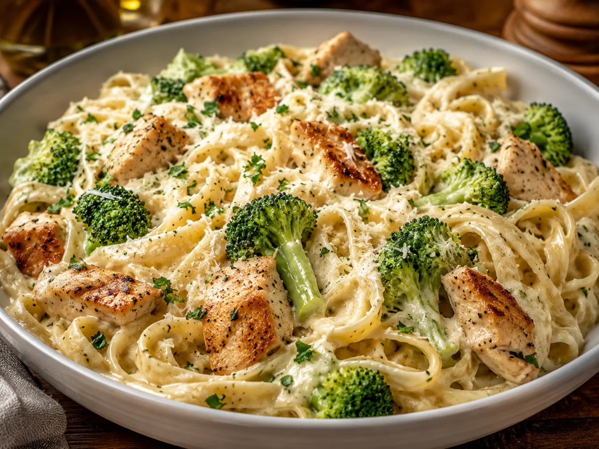 Homemade Creamy Chicken Broccoli Pasta in a white bowl with fresh parsley.
