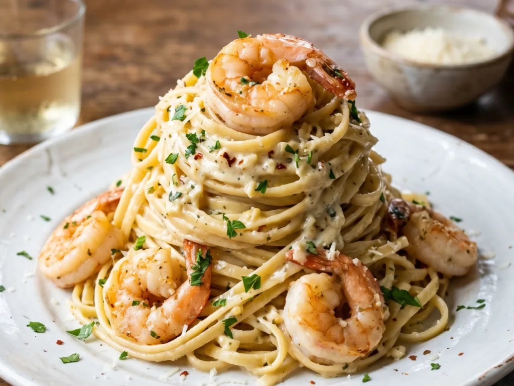 Creamy Garlic Shrimp Pasta Tower on a white plate