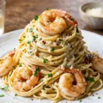 Creamy Garlic Shrimp Pasta Tower on a white plate