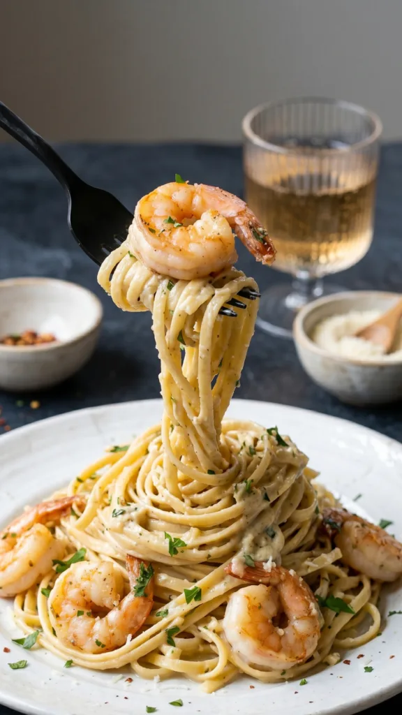 Close-up of Creamy Garlic Shrimp Pasta Tower