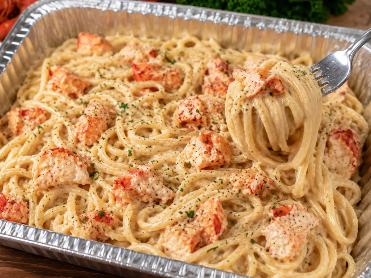 Close-up of creamy lobster alfredo pasta in a bowl