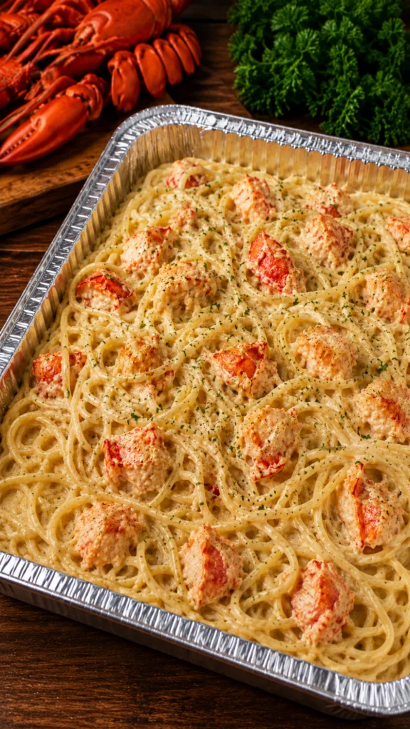 Top-down view of lobster pasta with fresh parsley